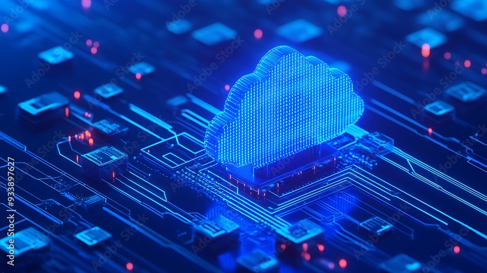 Poster futuristic representation of cloud computing technology in glowing blue on a digital circuit board w