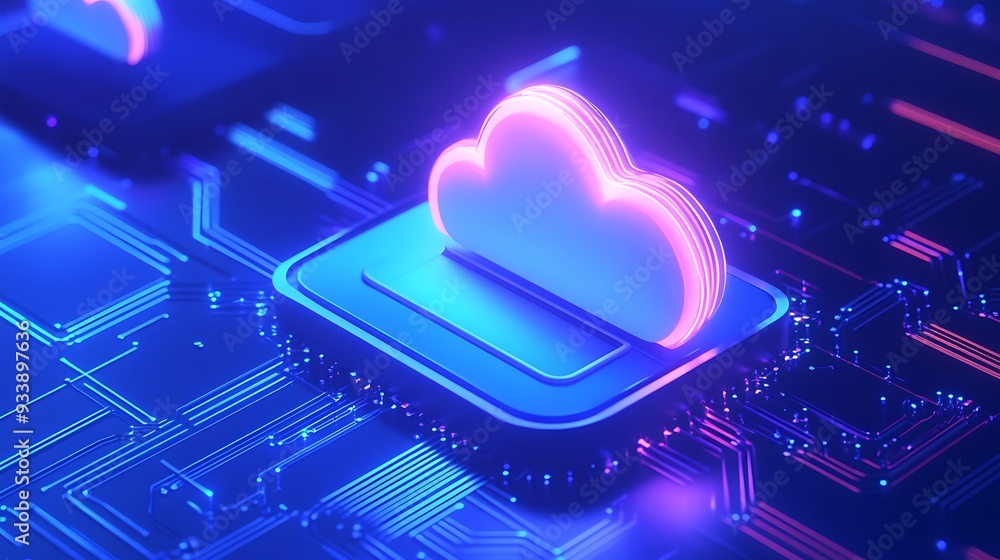 Poster futuristic neon cloud icon representing cloud computing technology over a digital circuit board, ide
