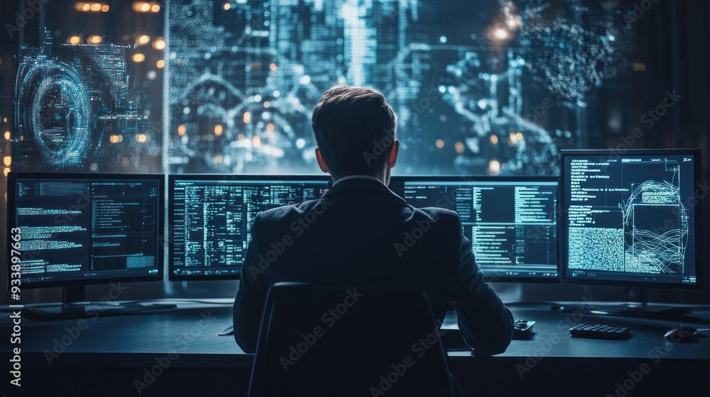 Leinwandbilder A Man Working on Computer Monitors Displaying Code