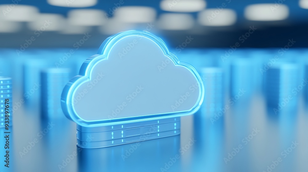 Poster futuristic representation of cloud computing technology with glowing blue cloud icon and digital bac