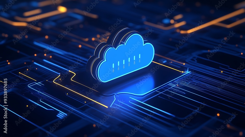 Aufkleber futuristic representation of cloud computing technology, showcasing a glowing cloud icon on a high-t