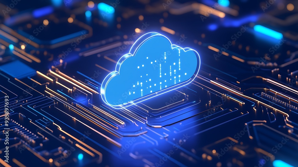 Poster futuristic representation of cloud computing technology with glowing circuits on a blue digital moth