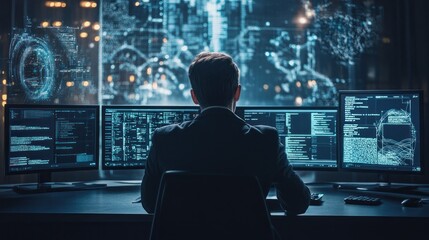 A Man Working on Computer Monitors Displaying Code