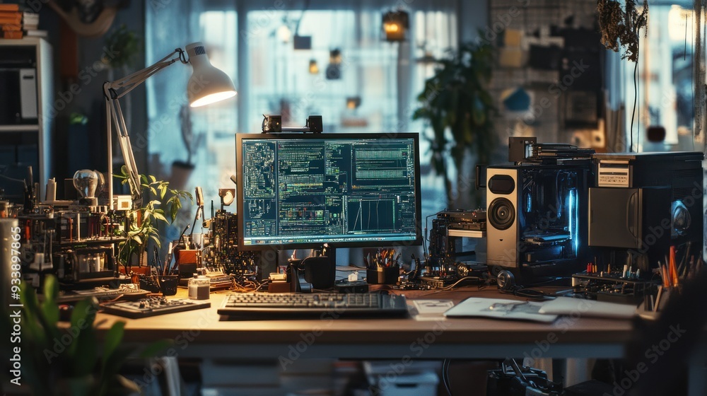 Poster a computer desk with a desk lamp, green plant, and code on the monitor screen