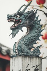 Fototapeta premium A majestic dragon statue showcasing intricate details, symbolizing strength and protection in Asian culture.
