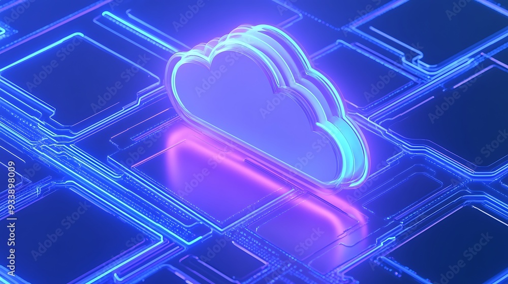 Poster glowing blue neon cloud icon representing cloud computing and technology in a digital futuristic set