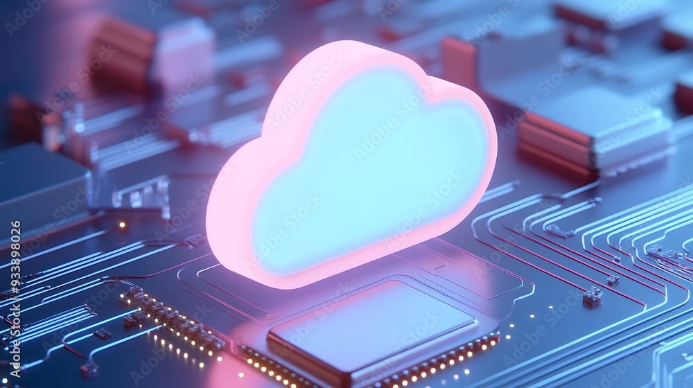 Poster glowing cloud icon on a circuit board representing cloud computing technology. futuristic digital co
