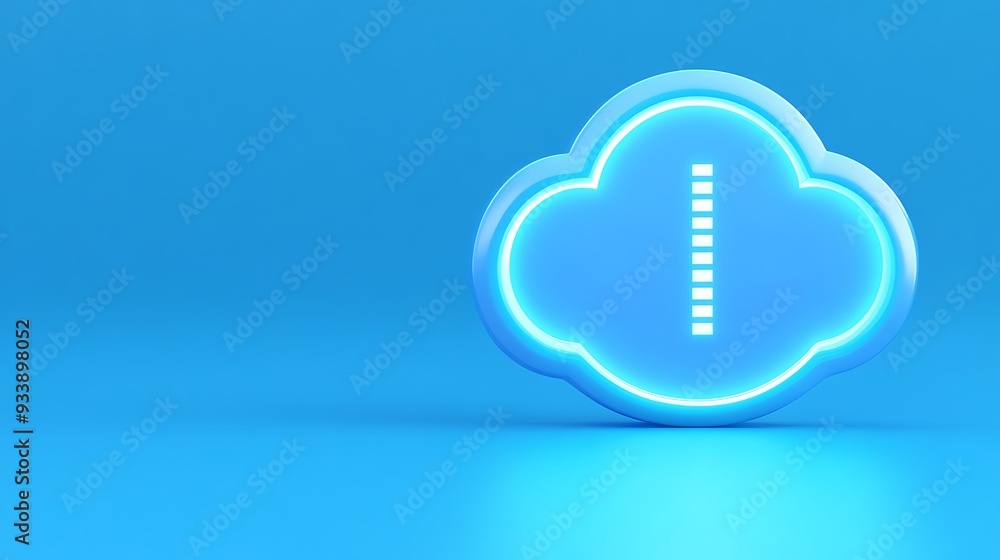 Poster glowing cloud icon with progress indicator in a blue background, symbolizing cloud storage and techn
