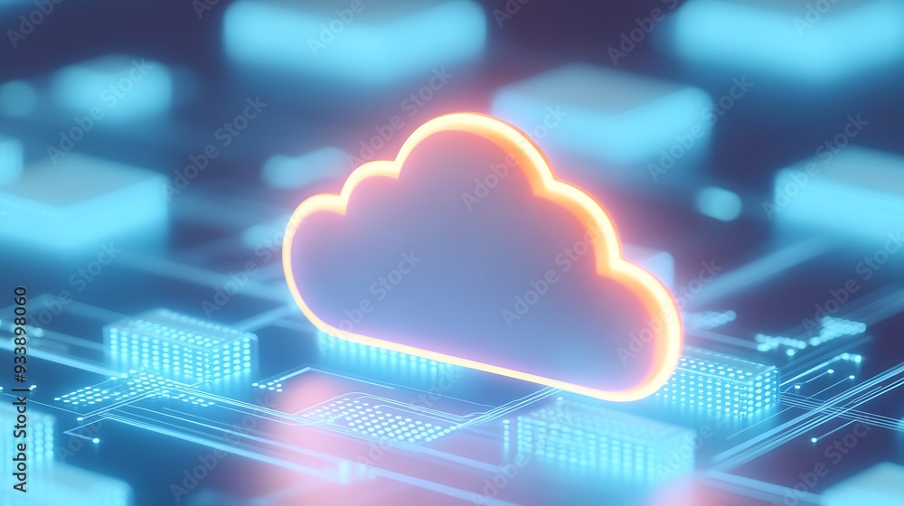 Poster glowing cloud icon on circuit board representing cloud computing, digital data storage, technology, 