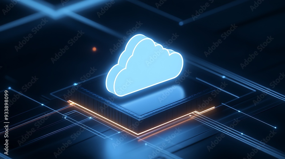 Poster glowing cloud symbol representing cloud computing and storage technology on a digital circuit board 