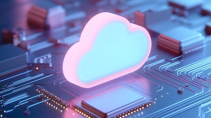 Glowing cloud icon on a circuit board representing cloud computing technology. Futuristic digital connectivity and data storage concept.
