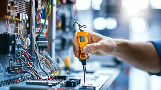 Electrician using voltage tester and pliers on circuit board with electrical panels in the background.