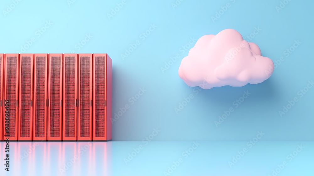 Poster minimalist image of data server racks and cloud on blue background. concept of cloud computing and m