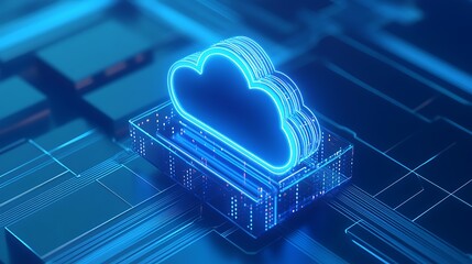 Innovative 3D illustration of cloud computing concept representing data storage technology with glowing elements on a circuit board.