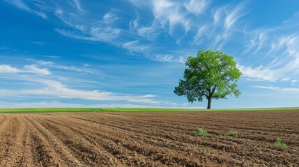 Obraz premium ....View of freshly plowed agricultural field with large oak tree at its edge and blue sky with wispy clouds in background in spring 