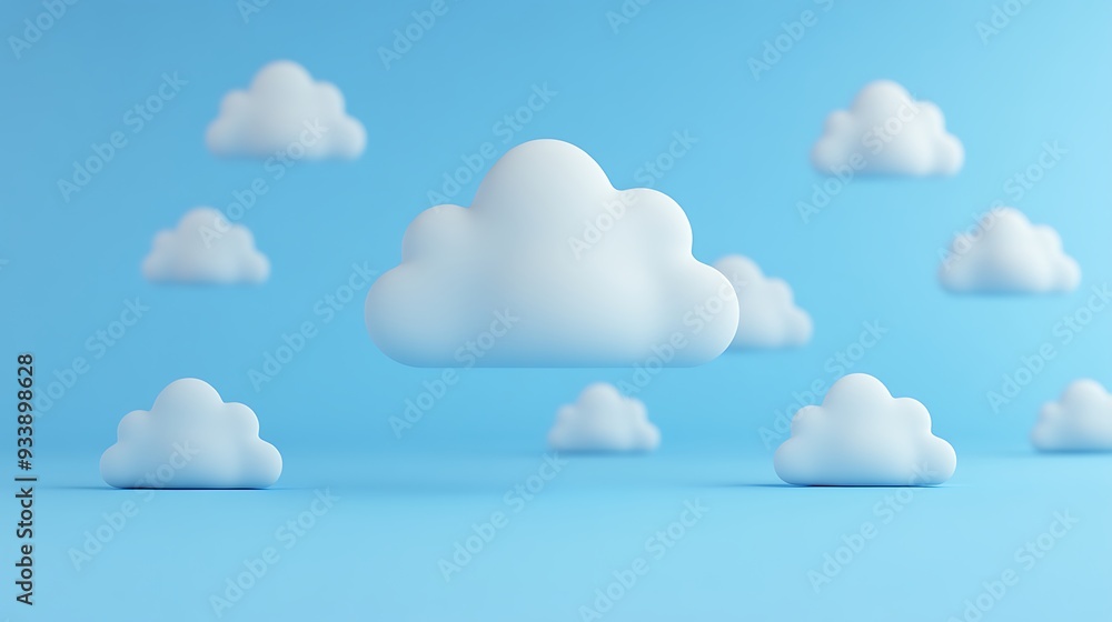 Poster minimalistic 3d rendering of fluffy white clouds on a blue background, suitable for creative design 