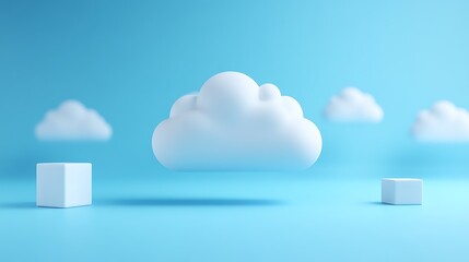 Minimalistic blue-themed 3D render featuring floating clouds and geometric shapes. Perfect for creativity, inspiration, and digital design concepts.
