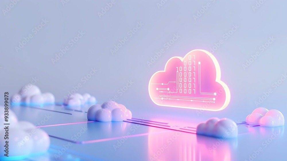 Poster neon digital cloud concept with data integration on a reflective surface, representing cloud computi