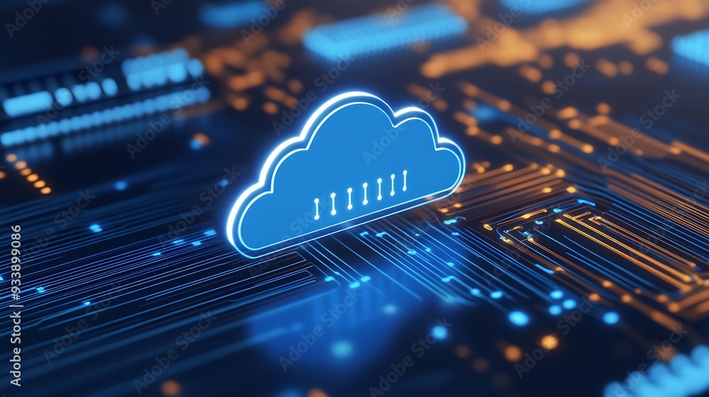 Poster Visualization of cloud computing technology with a glowing cloud icon and digital circuit board background in blue and orange tones.