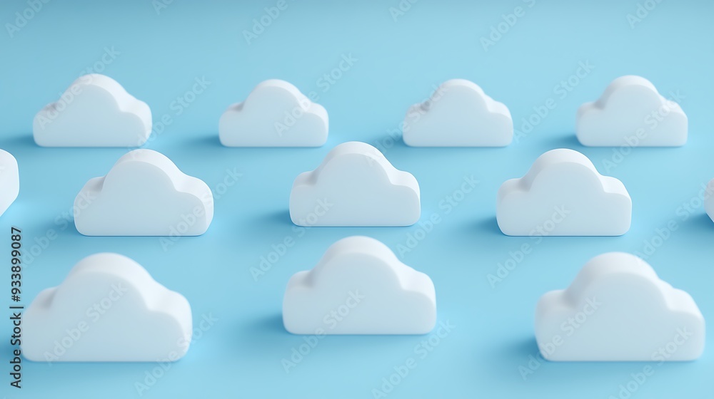 Poster white cloud icons arranged on a blue background, representing cloud computing and data storage techn