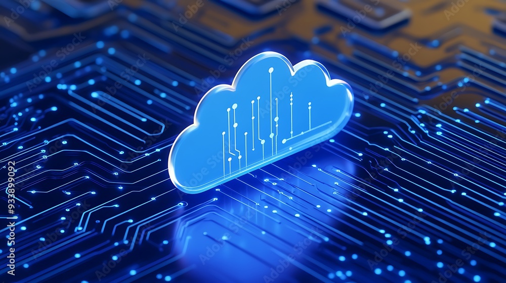Poster shiny blue cloud symbolizing cloud computing on a digital circuit board background, representing mod