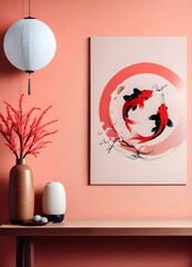A Japanese-style illustration featuring a koi fish swimming against, moon backdrop, with Japanese text. The background has a minimalist, abstract style with blossoming tree branches