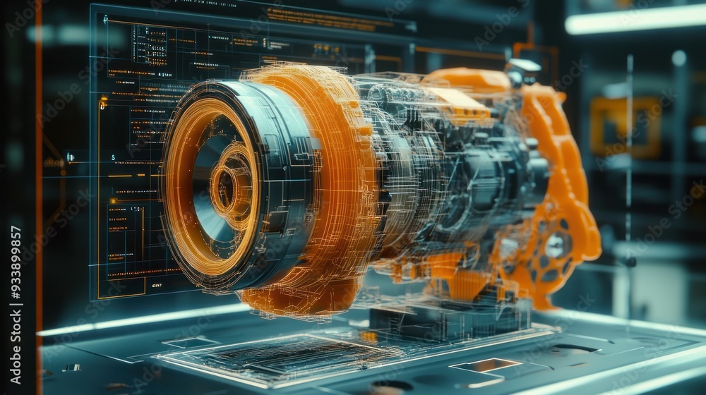 Poster futuristic 3d wireframe engine model with digital interface