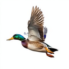 Obraz premium A duck is flying in the air with its wings spread out