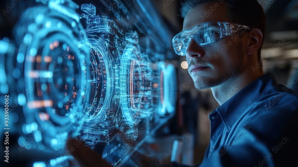 Poster a man in safety glasses interacting with a futuristic interface