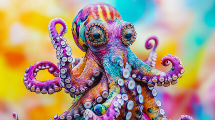 Fototapeta premium A bright octopus with a fantastic pattern on its body, painted in various colors, with large eyes, set against a background of blurred colorful shades, creating a surreal effect