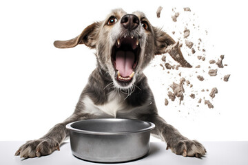 Dynamic image of a hungry gray dog barking excitedly at a scattering of kibble from its bowl on a white background