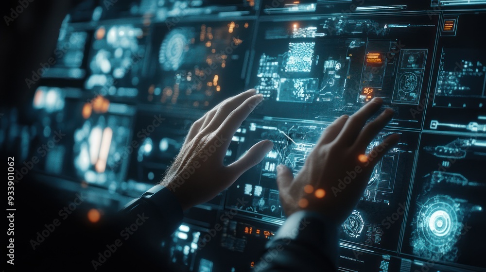 Poster person interacting with futuristic interface display