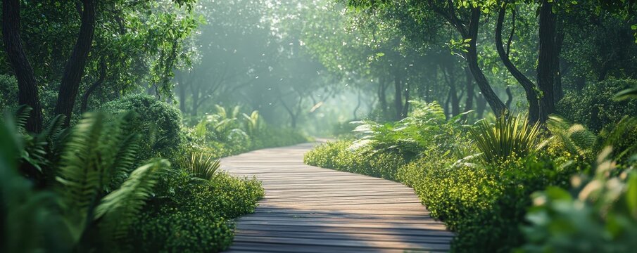 Serene wooden pathway through lush forest with dappled sunlight and abundant greenery, creating a tranquil and inviting natural scene.