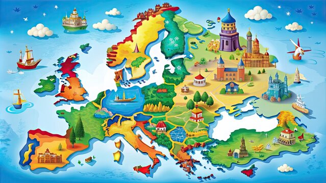 Vibrant map of Europe featuring individual country boundaries, iconic landmarks, and popular cities, perfect for educational or travel-related projects.