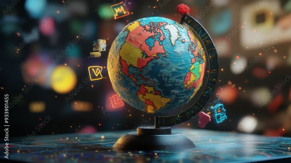 Poster A Pixelated Globe with Glowing Symbols and Bokeh Lights