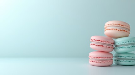 Obraz premium Stack of colorful macarons against pastel background. Pink and blue macarons reflect delicate and elegant dessert theme.