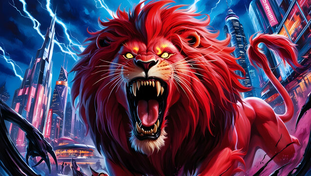 a red lion with lightning coming out of its mouth