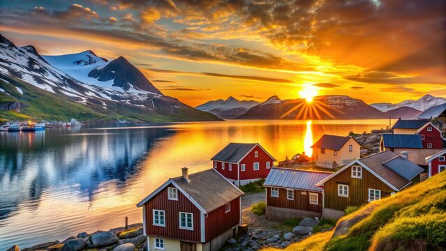 Vibrant midnight sun casts a golden glow on Hammerfest's rustic wooden houses, snow-capped mountains, and tranquil Norwegian fjords during the eternal summer solstice.