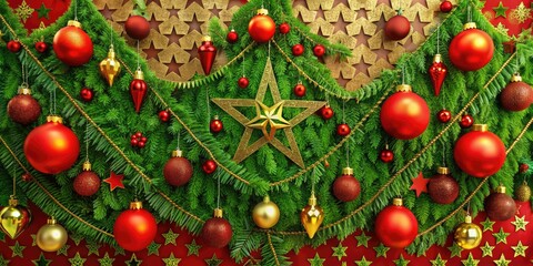 Vibrant Moroccan flag-inspired backdrop adorned with lush green garlands, red berries, and golden ornaments, evoking a festive and exotic Christmas celebration ambiance.