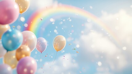 Fototapeta premium Colorful balloons float against a bright sky with a vibrant rainbow, creating a joyful and festive atmosphere.