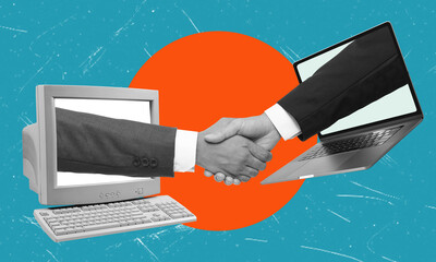 Modern art collage featuring handshakes through a laptop on blue background.