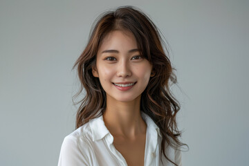 Obraz premium A charming Asian woman dressed in elegant white office attire, with a simple and clean design, stands confidently with a professional hairstyle and subtle makeup against a neutral background.