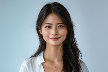 Fototapeta premium A charming Asian woman dressed in elegant white office attire, with a simple and clean design, stands confidently with a professional hairstyle and subtle makeup against a neutral background.