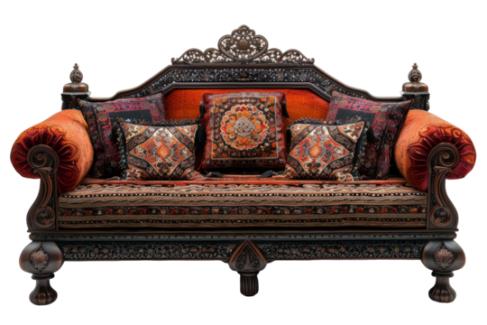 Ornate vintage sofa in oriental style with intricate embroidery and colorful pillows