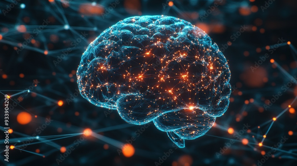 Aufkleber A glowing blue brain with orange nodes and lines, representing a neural network.