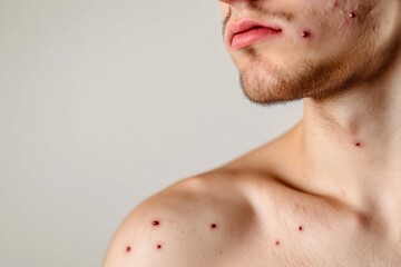 Naklejka premium Man's Torso with Painful Monkeypox Sores Close-Up with Copy Space