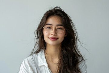 A charming Asian woman dressed in elegant white office attire, with a simple and clean design, stands confidently with a professional hairstyle and subtle makeup against a neutral background.