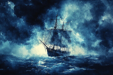 Fototapeta premium The image depicts a pirate ship sailing on the ocean at sunset, with its tall masts silhouetted against the sky and clouds, embodying a sense of adventure and nautical tradition