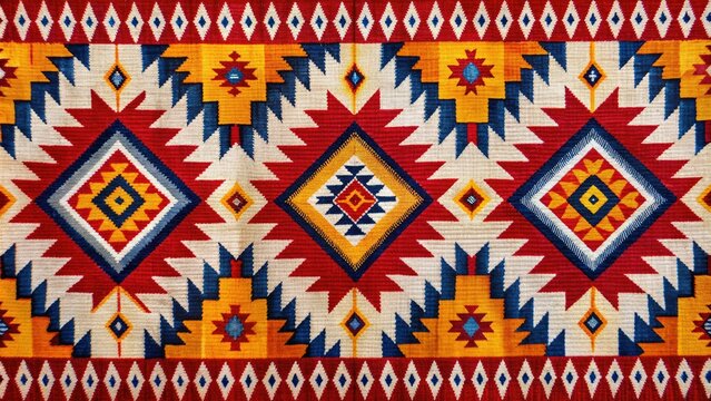 Vibrant Native American-inspired textile featuring traditional Navajo geometric patterns and symbolic motifs in bold red, blue, and yellow hues on a white background.