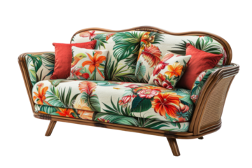 Tropical Floral Sofa with Colorful Cushions Featuring Exotic Birds and Plants